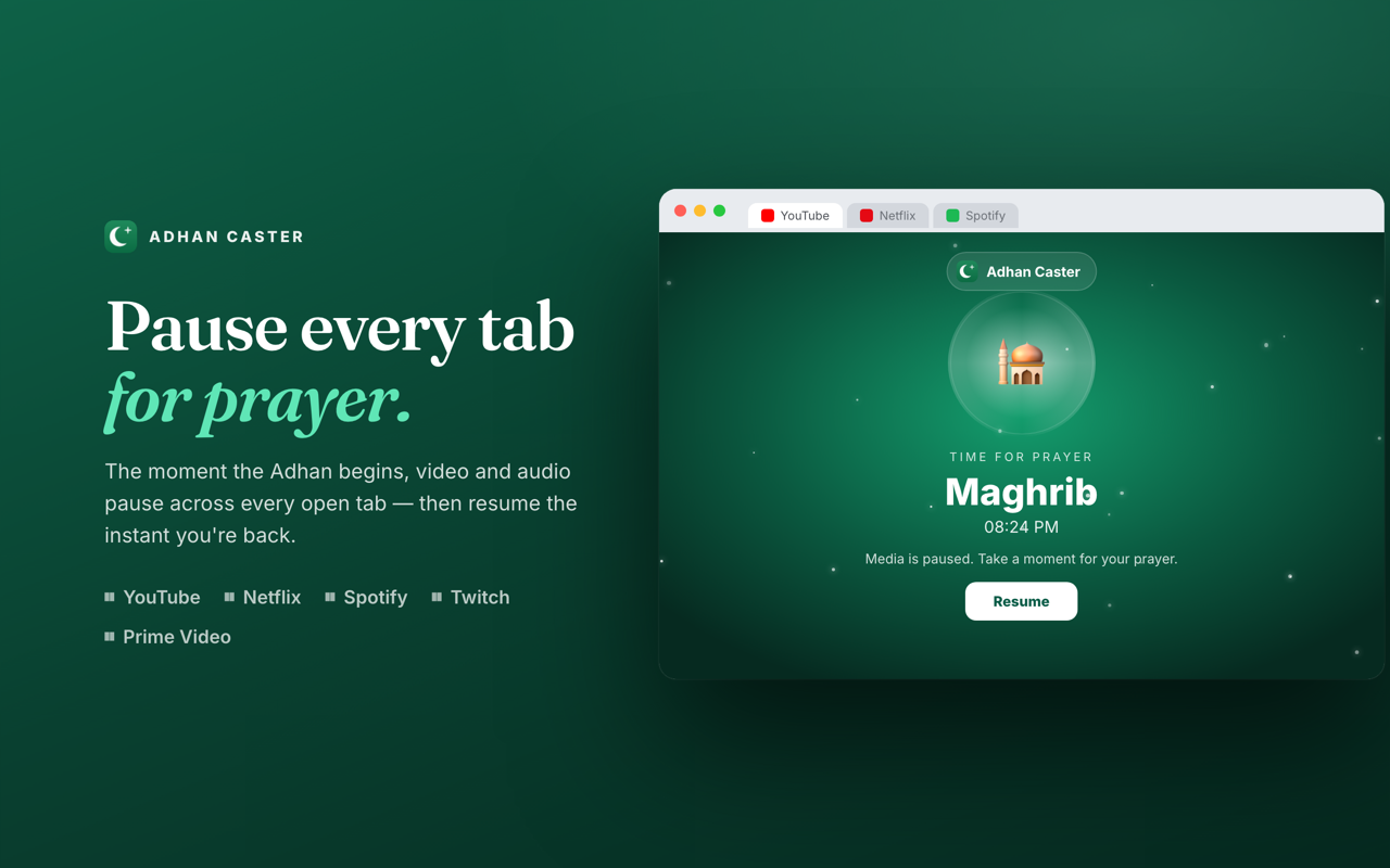 Adhan Caster showing the five daily prayer times with a live countdown to the next salah