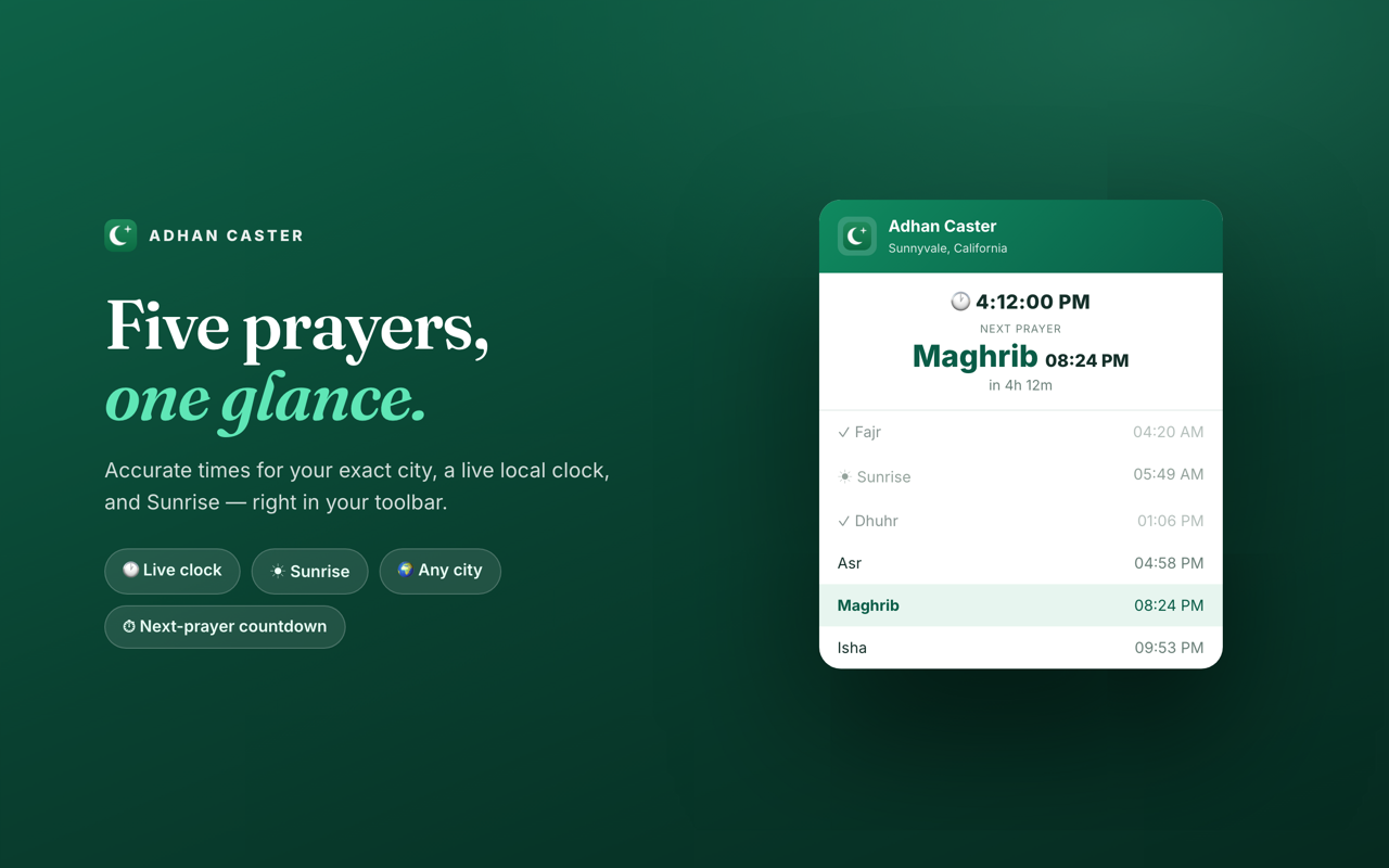 Full-screen Prayer Focus mode shown during the Adhan